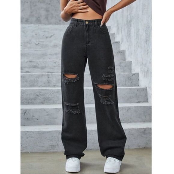 Shein Faded Black High Waist Distressed Wide Straight Leg Jeans Size Large - Picture 3 of 13